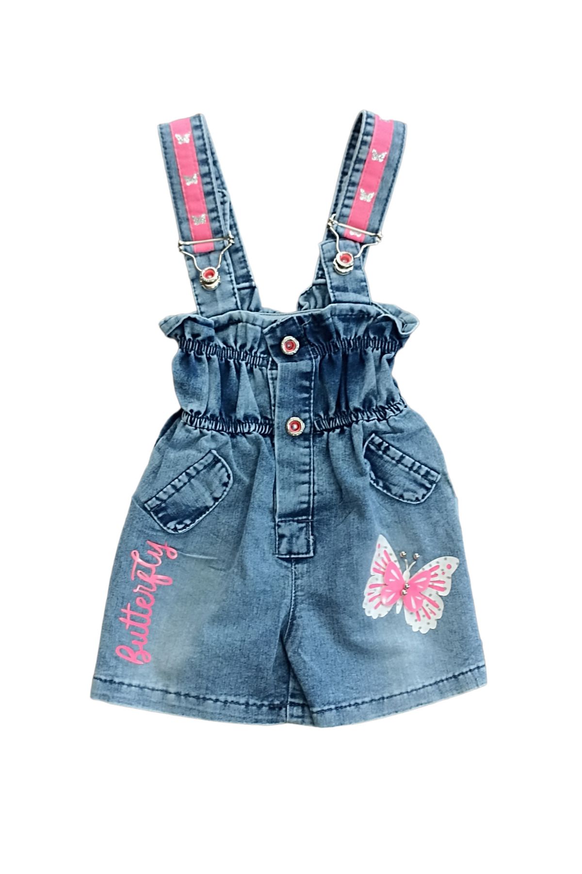 Kız Bebek Butterfly Pink Denim Şort Salopet- Boyutlu Kelebek Armalı Kot Salopet