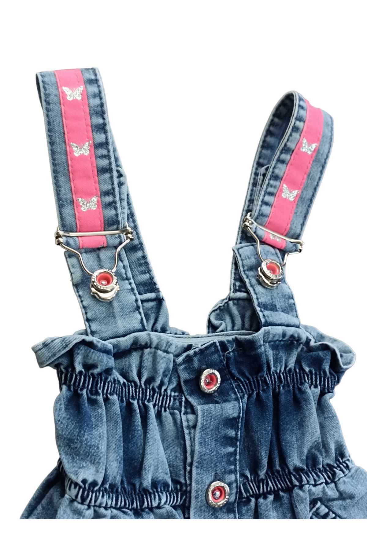 Kız Bebek Butterfly Pink Denim Şort Salopet- Boyutlu Kelebek Armalı Kot Salopet