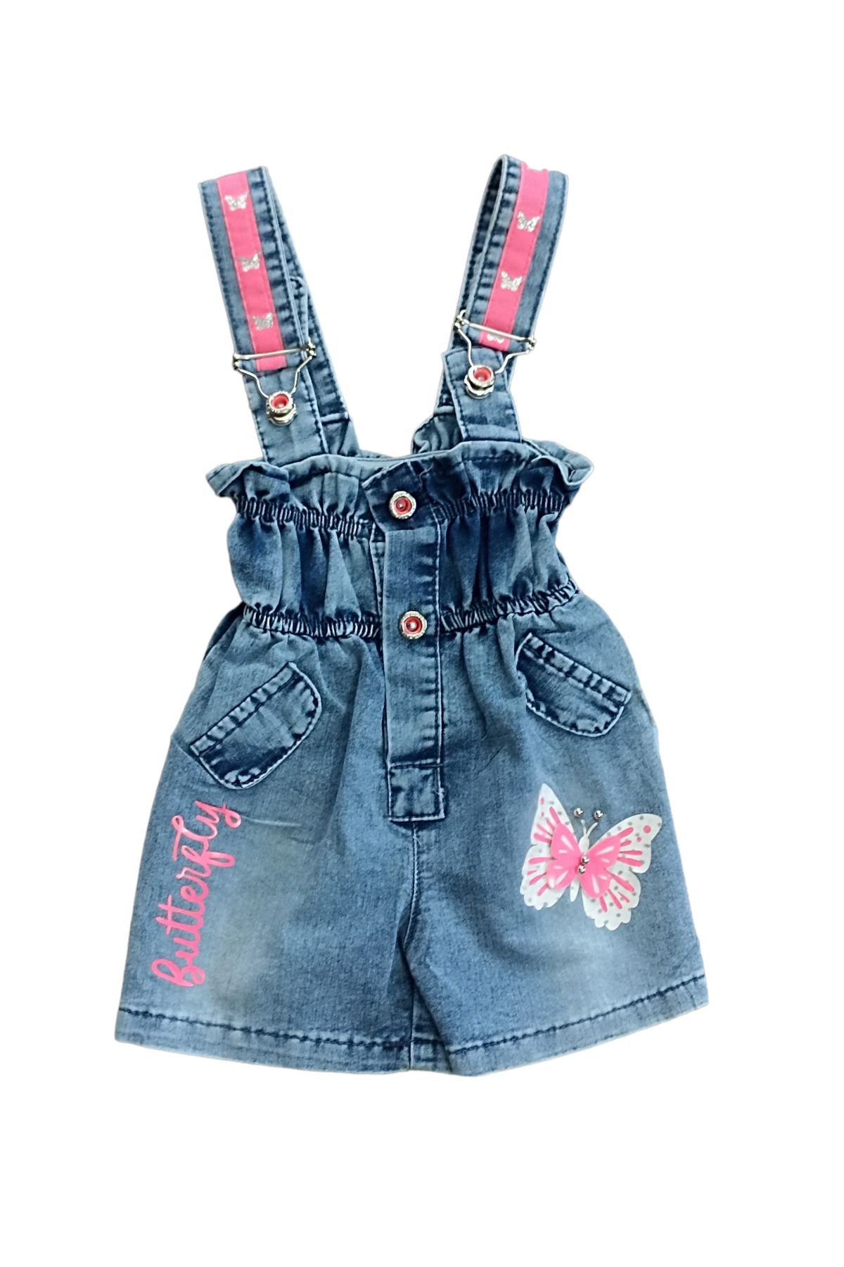 Kız Bebek Butterfly Pink Denim Şort Salopet- Boyutlu Kelebek Armalı Kot Salopet