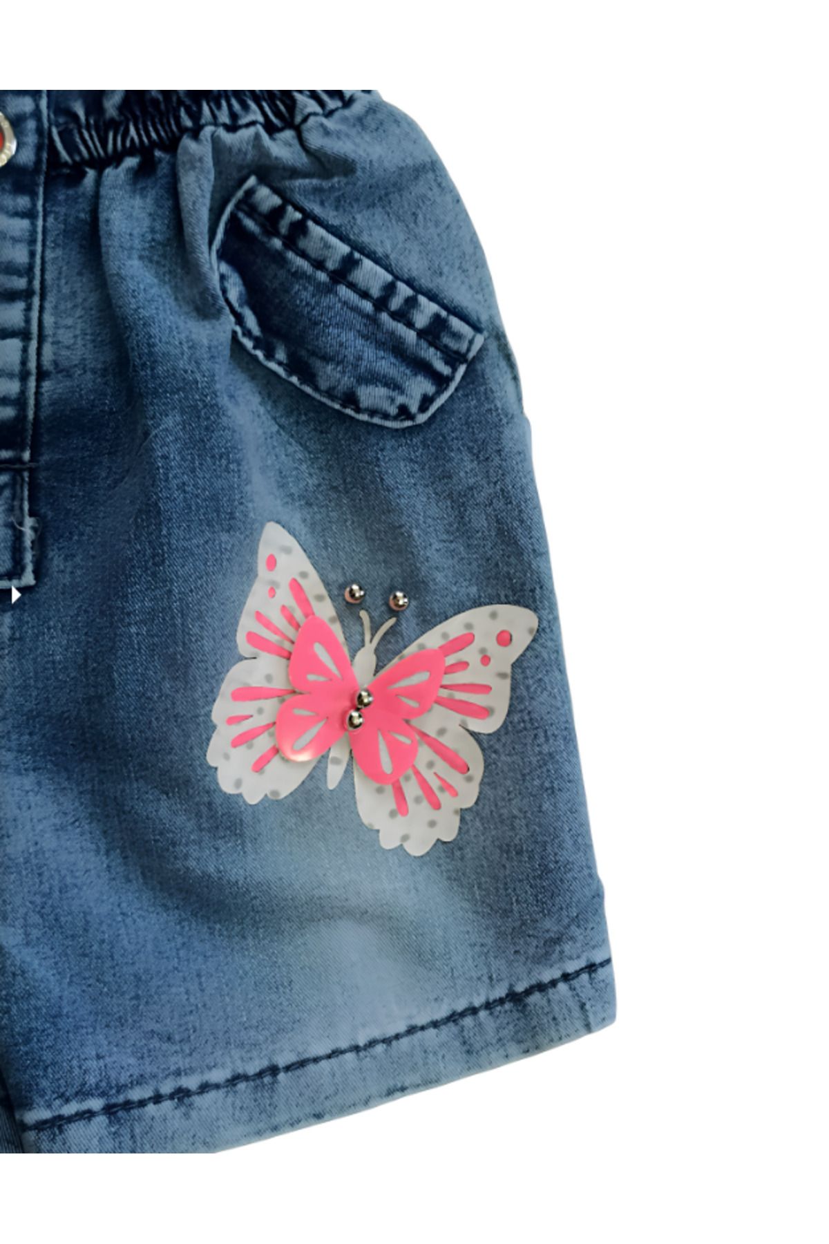 Kız Bebek Butterfly Pink Denim Şort Salopet- Boyutlu Kelebek Armalı Kot Salopet