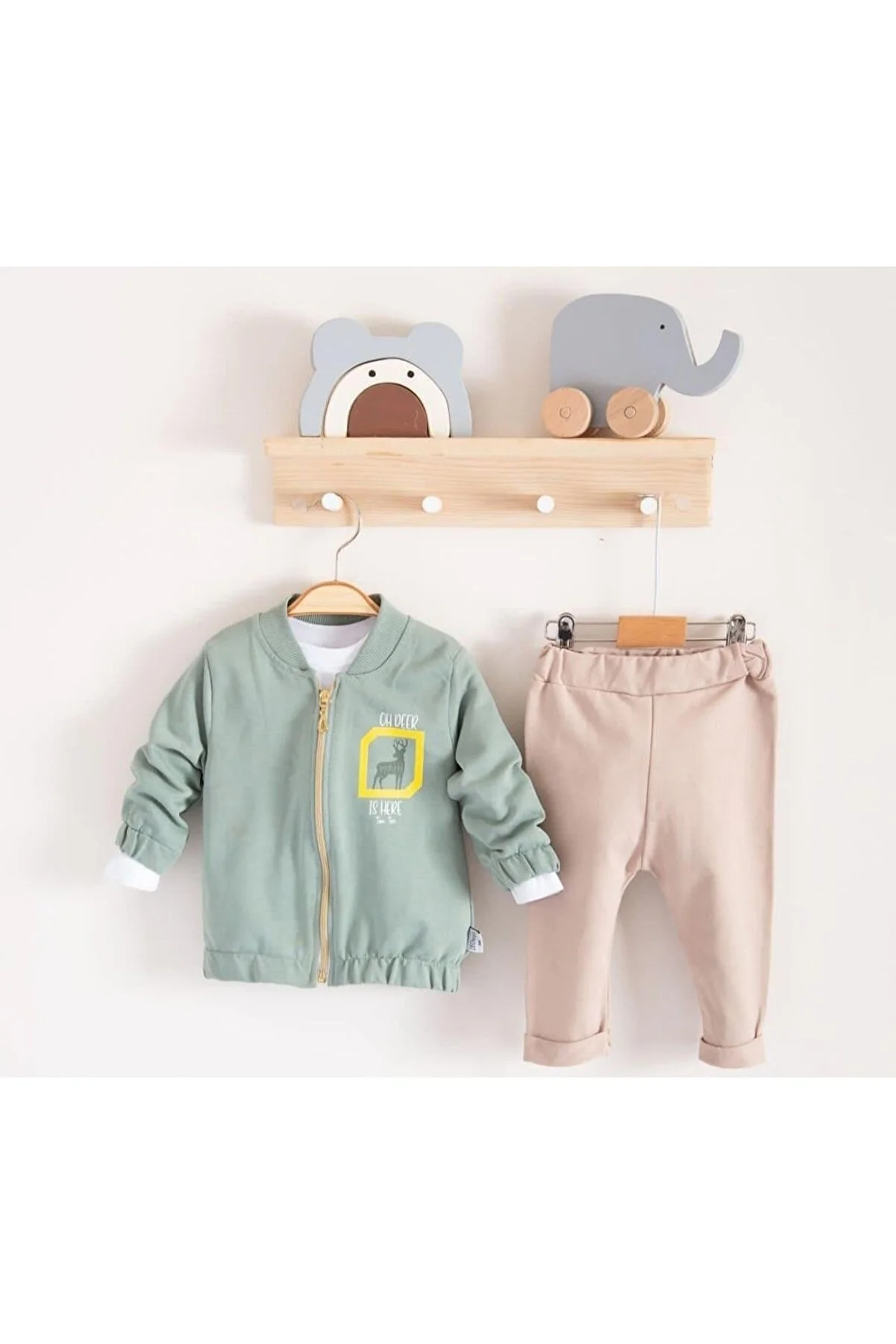 Zeo Kids Oh Deer 3’lü Takım - Bomber Yaka , Fermuarlı , Baskılı ceket- Body ve Alt Pantolon 3’lü Tkm