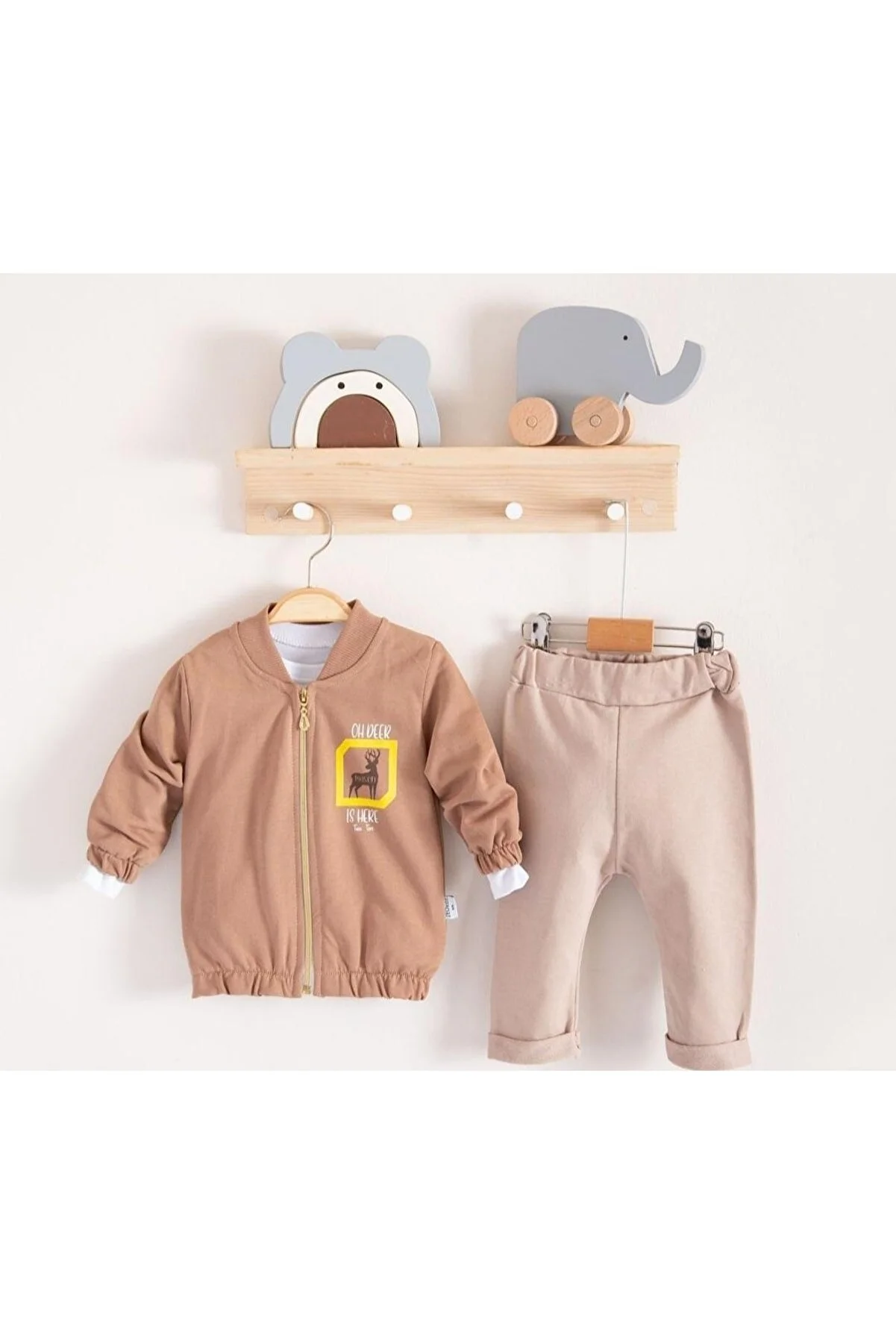 Zeo Kids Oh Deer 3’lü Takım - Bomber Yaka , Fermuarlı , Baskılı ceket- Body ve Alt Pantolon 3’lü Tkm