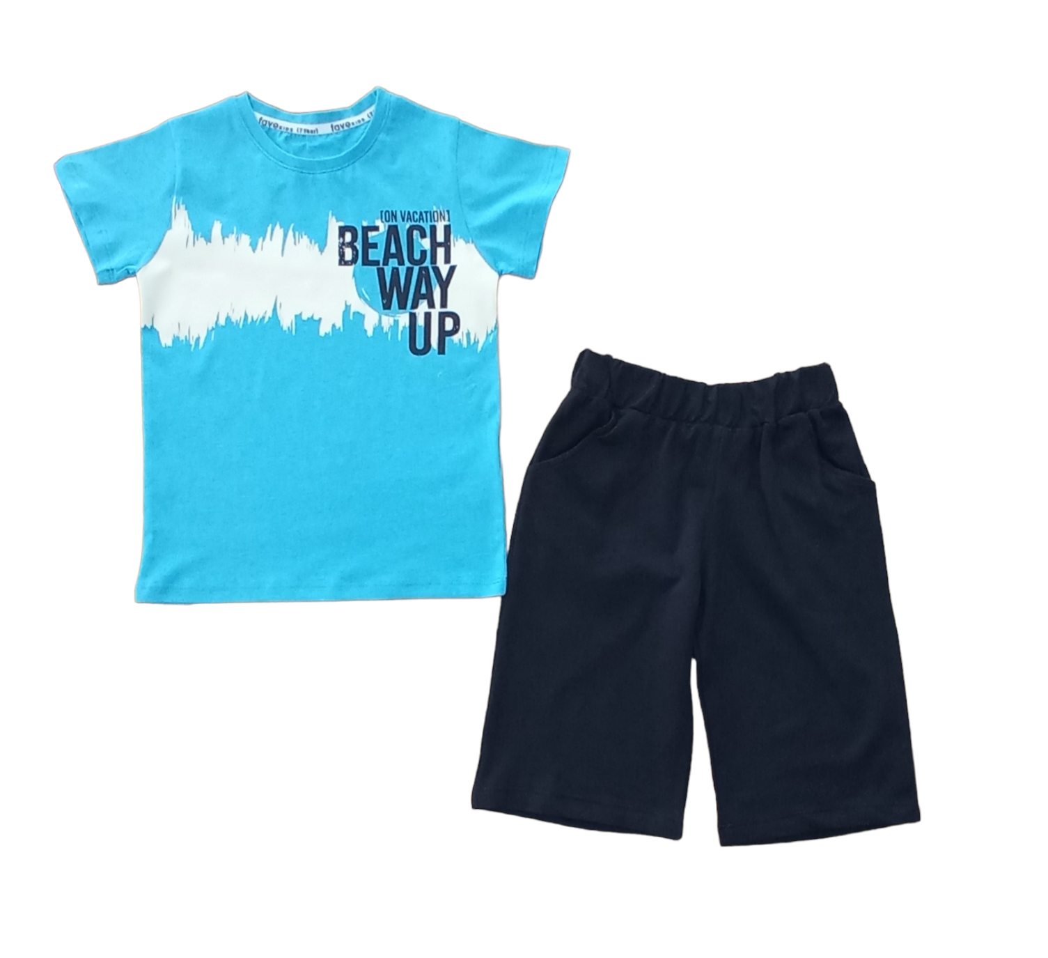 ÇAREN KİDS-BEACH WAY UP ERKEK ÇOCUK 2'Lİ TAKIM-%100 Cotton,Baskılı T-shirt, Beli Lastik ,Cepli Kapri