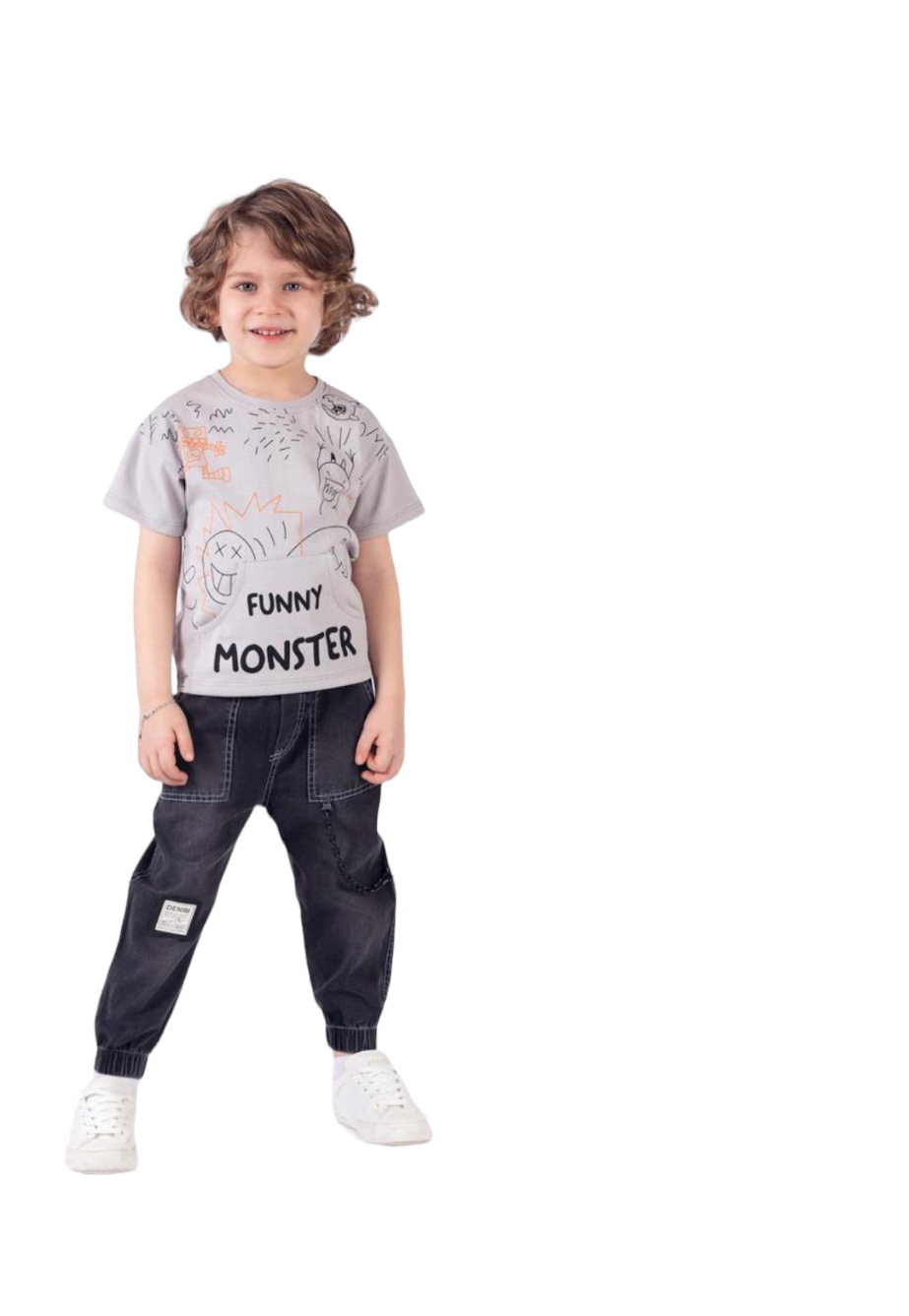 ÇAREN KİDS MONSTER ERKEK ÇOCUK 2'Lİ TAKIM- Baskılı, Kanguru Cep T-shirt, Zincir Detaylı Pantolon