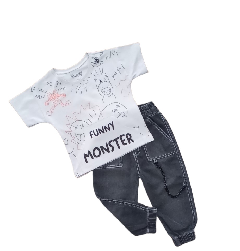 ÇAREN KİDS MONSTER ERKEK ÇOCUK 2'Lİ TAKIM- Baskılı, Kanguru Cep T-shirt, Zincir Detaylı Pantolon