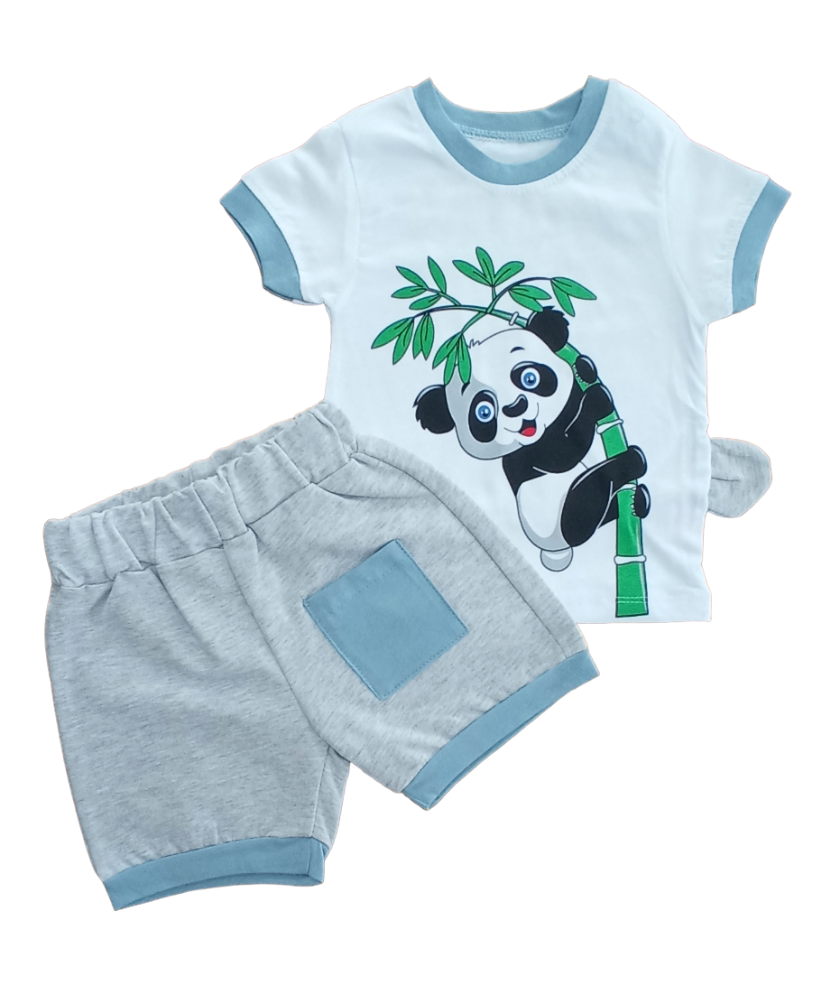 Erkek Bebek Kulaklı Panda  Yazlık 2’li Takım- Panda Baskılı, Bisiklet Yaka T-shirt ve Şort