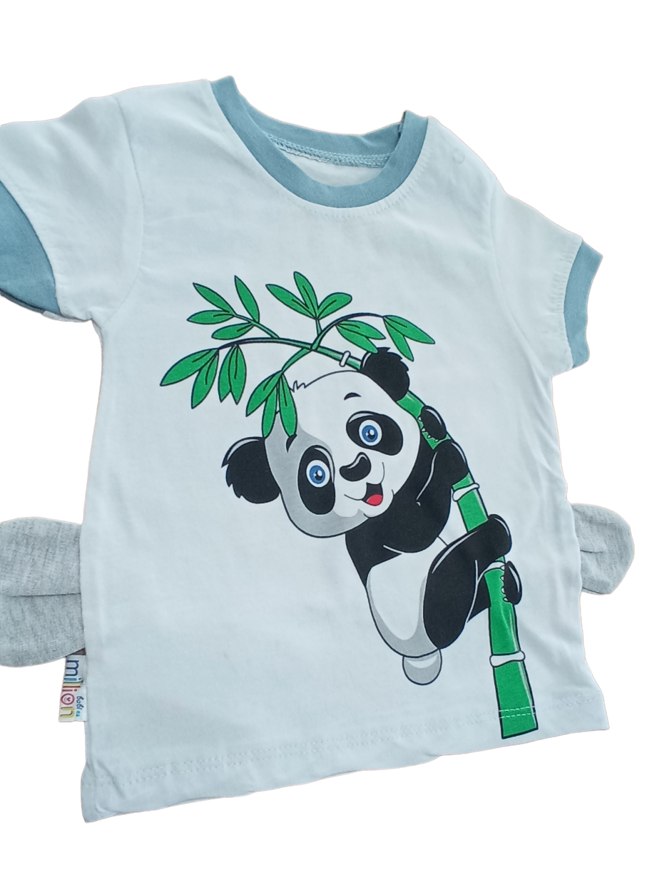 Erkek Bebek Kulaklı Panda  Yazlık 2’li Takım- Panda Baskılı, Bisiklet Yaka T-shirt ve Şort