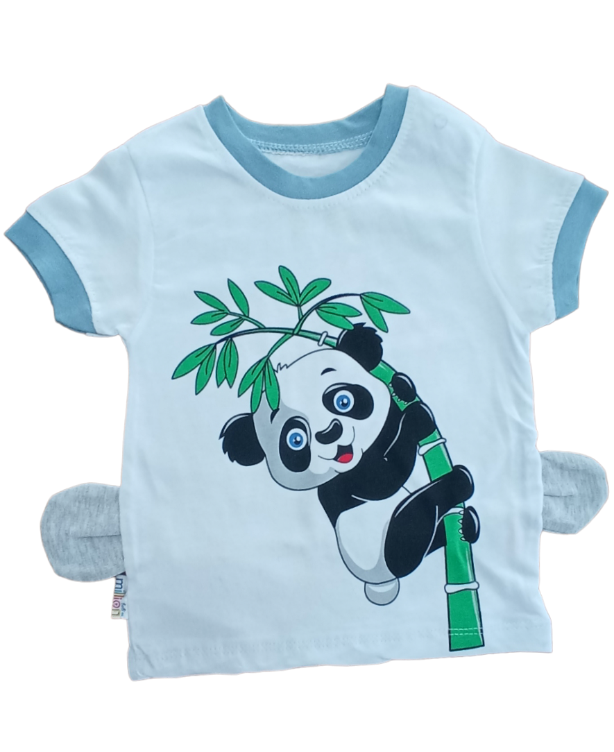 Erkek Bebek Kulaklı Panda  Yazlık 2’li Takım- Panda Baskılı, Bisiklet Yaka T-shirt ve Şort