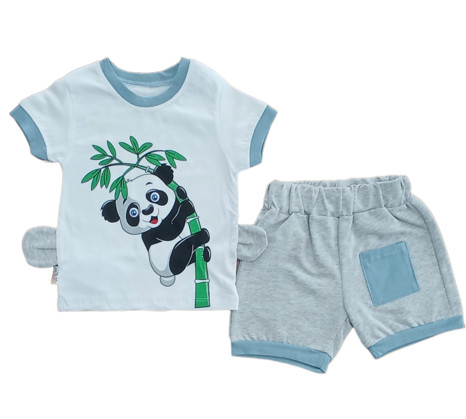 Erkek Bebek Kulaklı Panda  Yazlık 2’li Takım- Panda Baskılı, Bisiklet Yaka T-shirt ve Şort