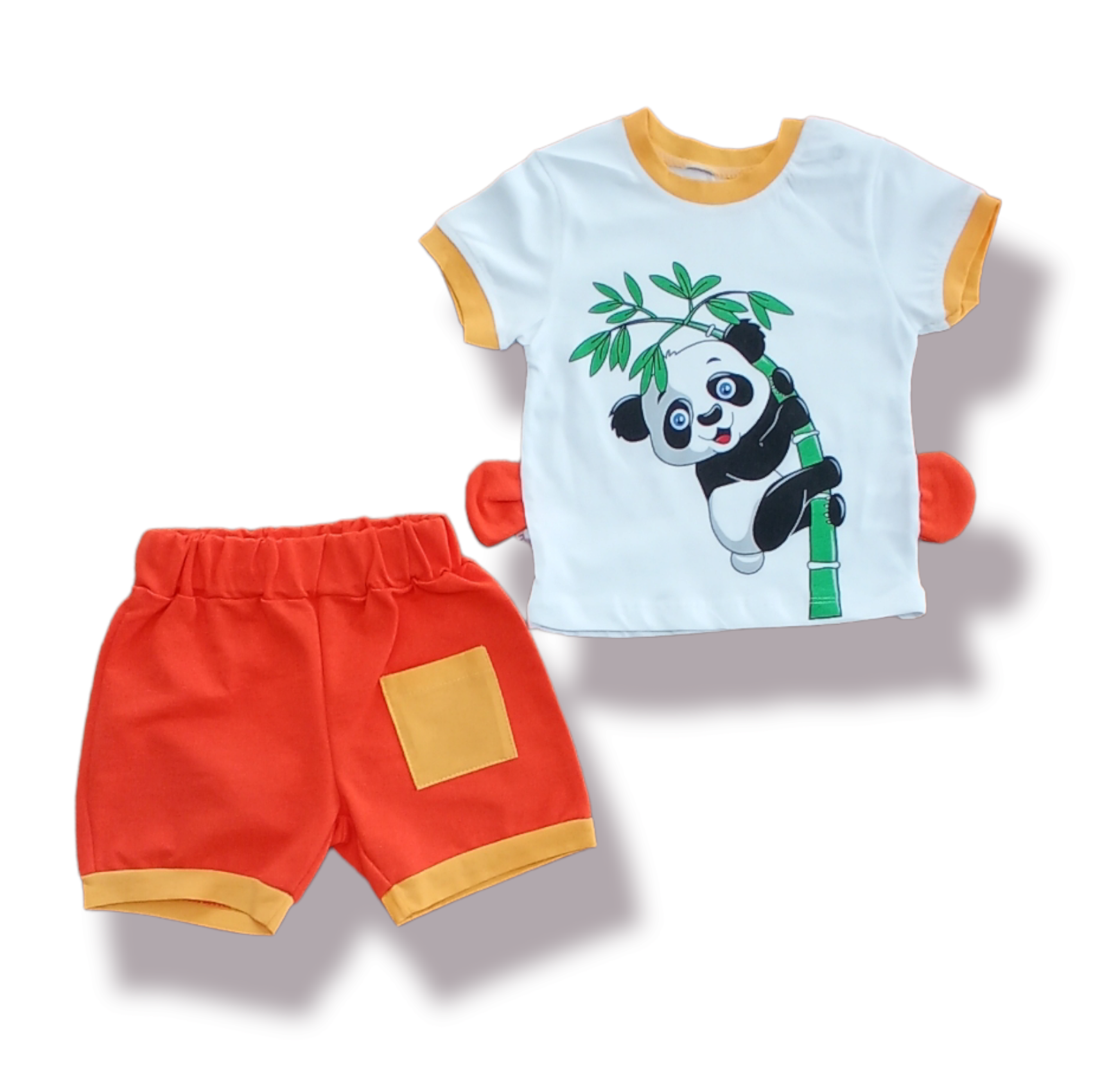 Erkek Bebek Kulaklı Panda  Yazlık 2’li Takım- Panda Baskılı, Bisiklet Yaka T-shirt ve Şort