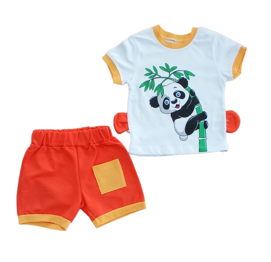 Erkek Bebek Kulaklı Panda  Yazlık 2’li Takım- Panda Baskılı, Bisiklet Yaka T-shirt ve Şort