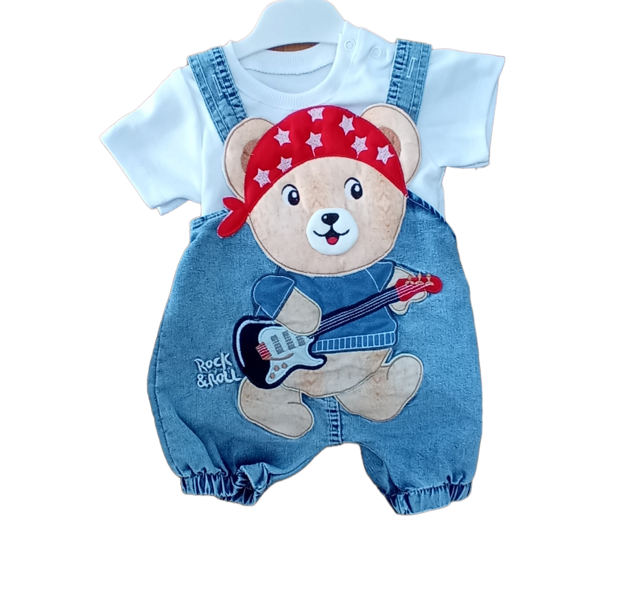 ERKEK BEBEK ROCK&ROLL AYICIK ARMALI SALOPET TAKIM-% 100 Cotton,Bisiklet Yaka,Yarım Kol Body &Salopet