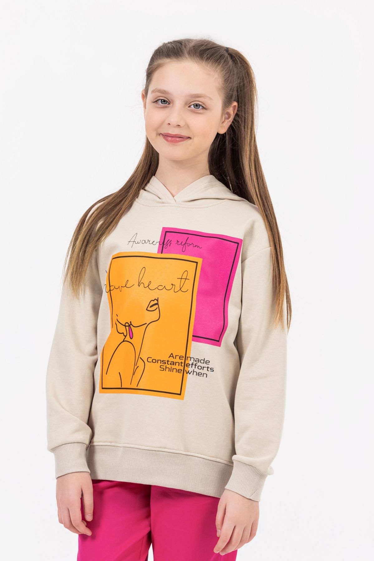 Çaren Kids Kız Çocuk Sweatshirt - Kapüşonlu, Baskı Detaylı Kız Çocuk Sweatshirt