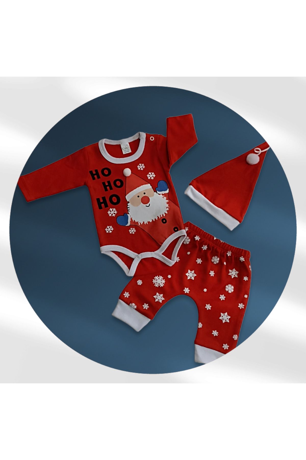 Çaren Kids- Yeniyıl Temalı Noel Baba Baskılı % 100 Cotton Unisex Bebek 3’lü Takım