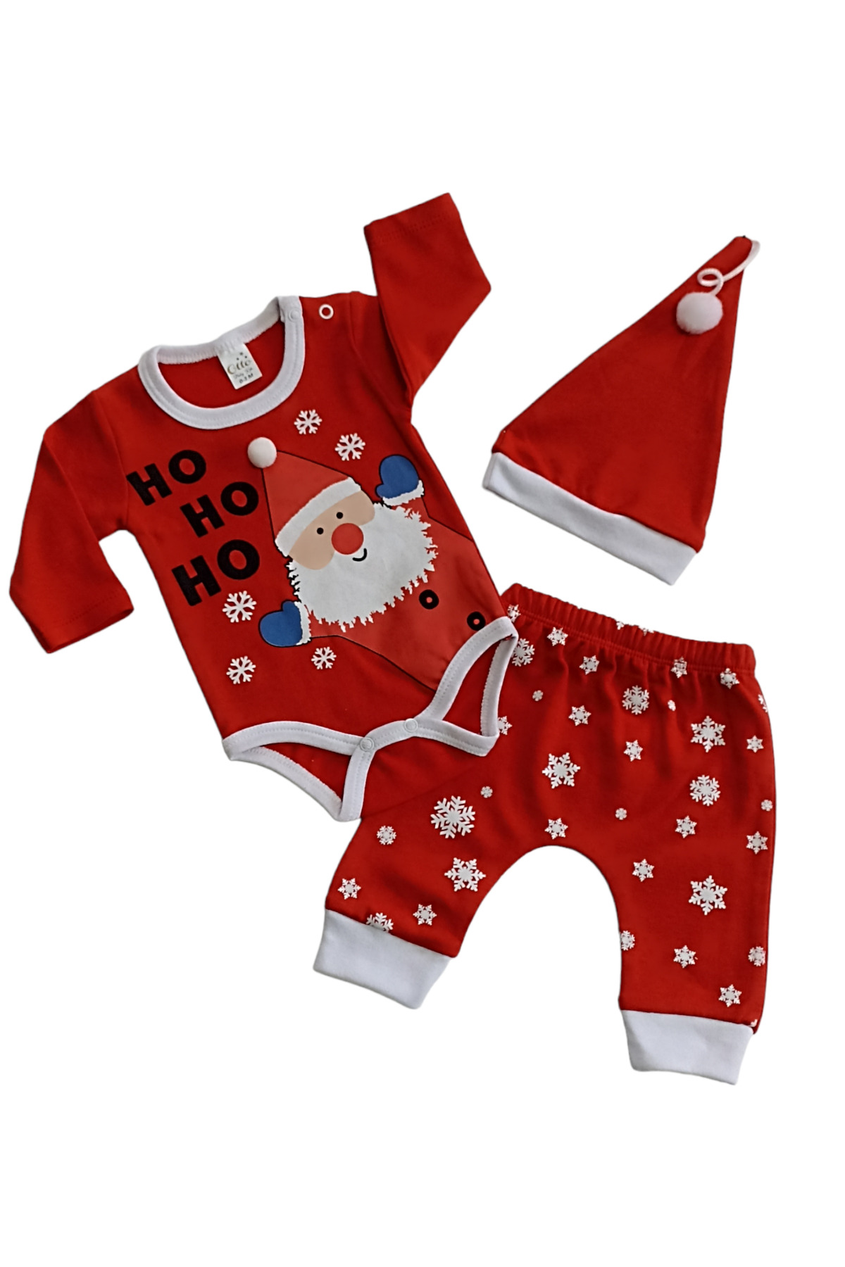 Çaren Kids- Yeniyıl Temalı Noel Baba Baskılı % 100 Cotton Unisex Bebek 3’lü Takım