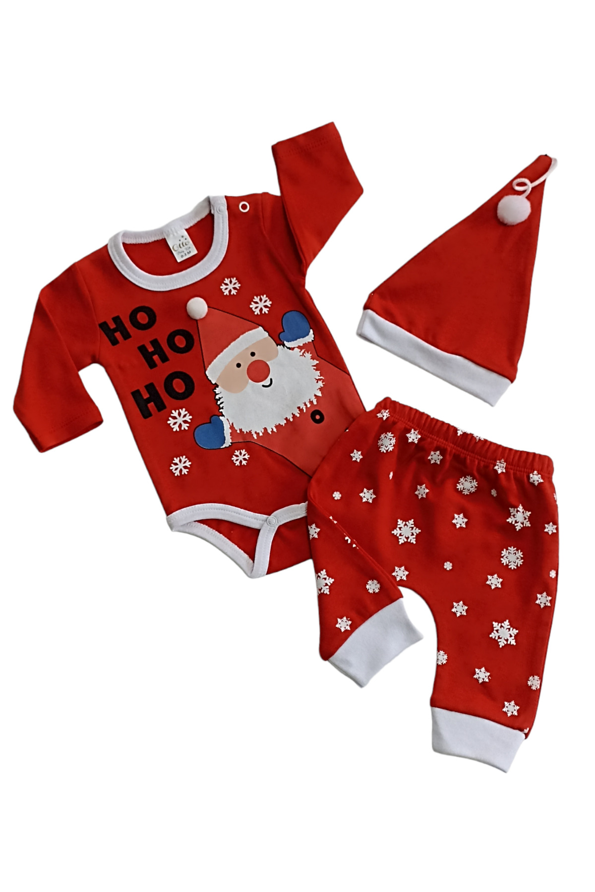 Çaren Kids- Yeniyıl Temalı Noel Baba Baskılı % 100 Cotton Unisex Bebek 3’lü Takım