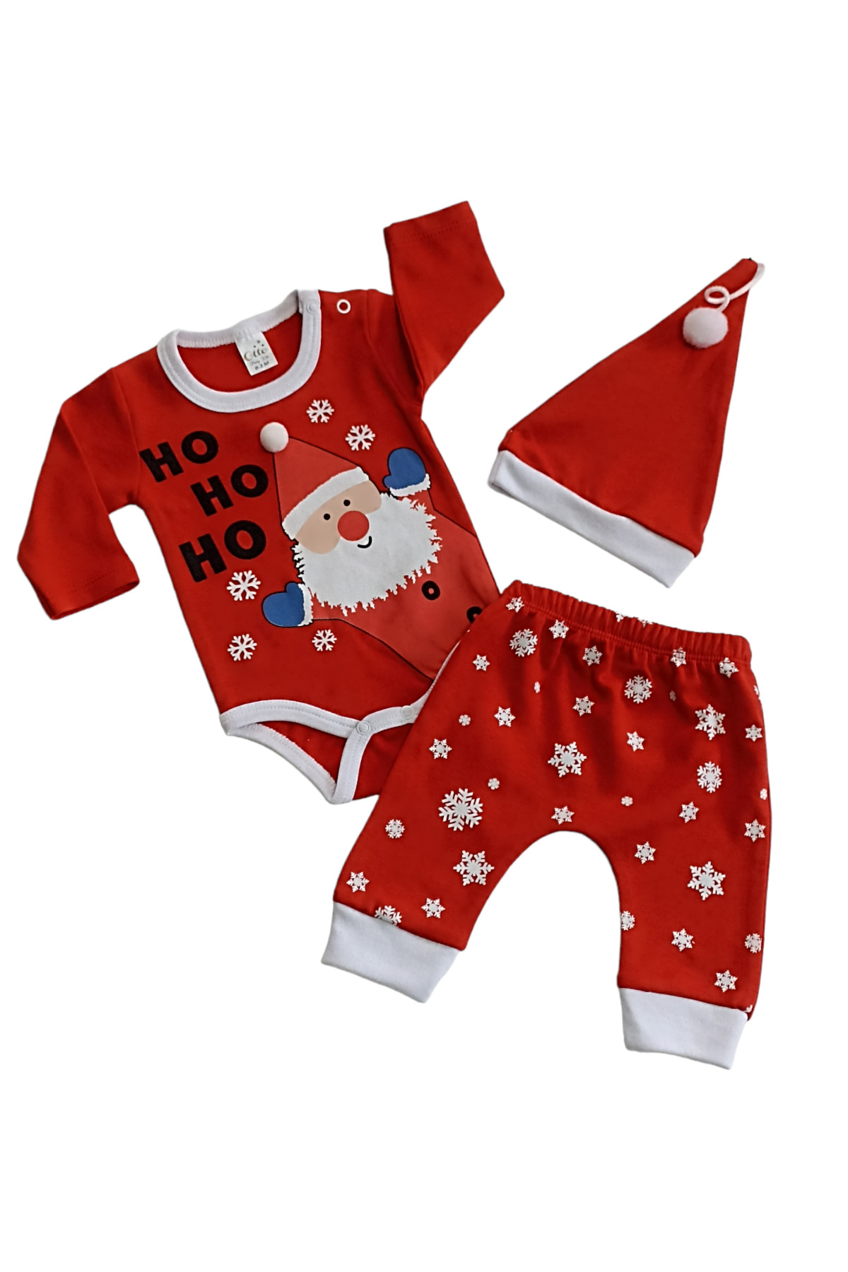 Çaren Kids- Yeniyıl Temalı Noel Baba Baskılı % 100 Cotton Unisex Bebek 3’lü Takım