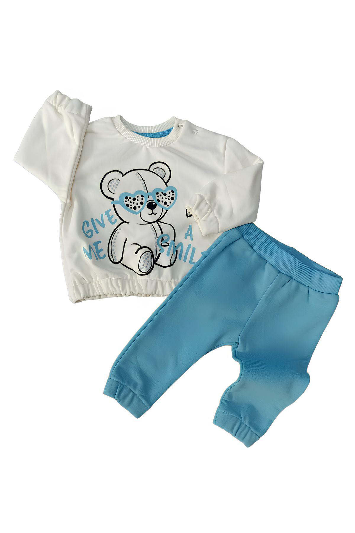 Give Me Smile Unisex Bebek 2’li Takım-Ayıcık Baskılı Bel ve Kollarda Lastik Detaylı Sweat ,Pantolon