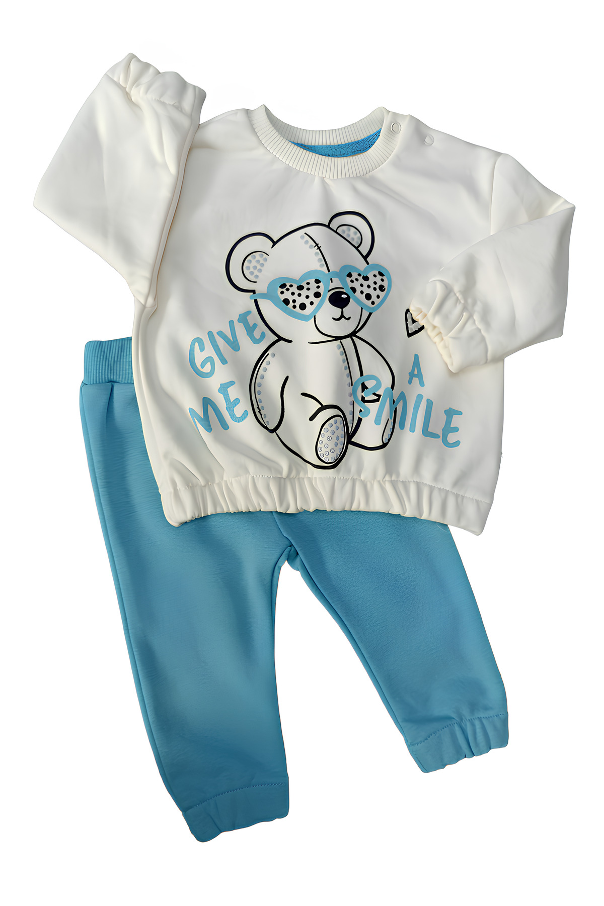 Give Me Smile Unisex Bebek 2’li Takım-Ayıcık Baskılı Bel ve Kollarda Lastik Detaylı Sweat ,Pantolon