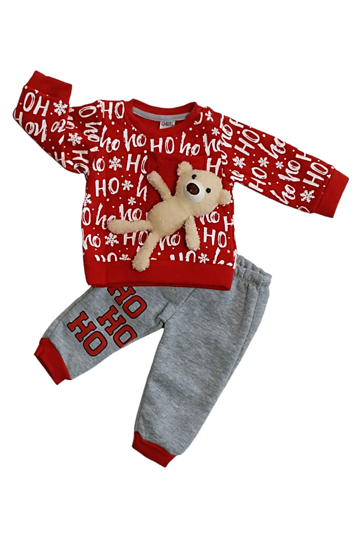 Çaren Kids -Yılbaşı (Noel) Temalı Unisex Bebek 2’li Takım- Peluş Oyuncaklı Sweatshirt & Eşofman Altı