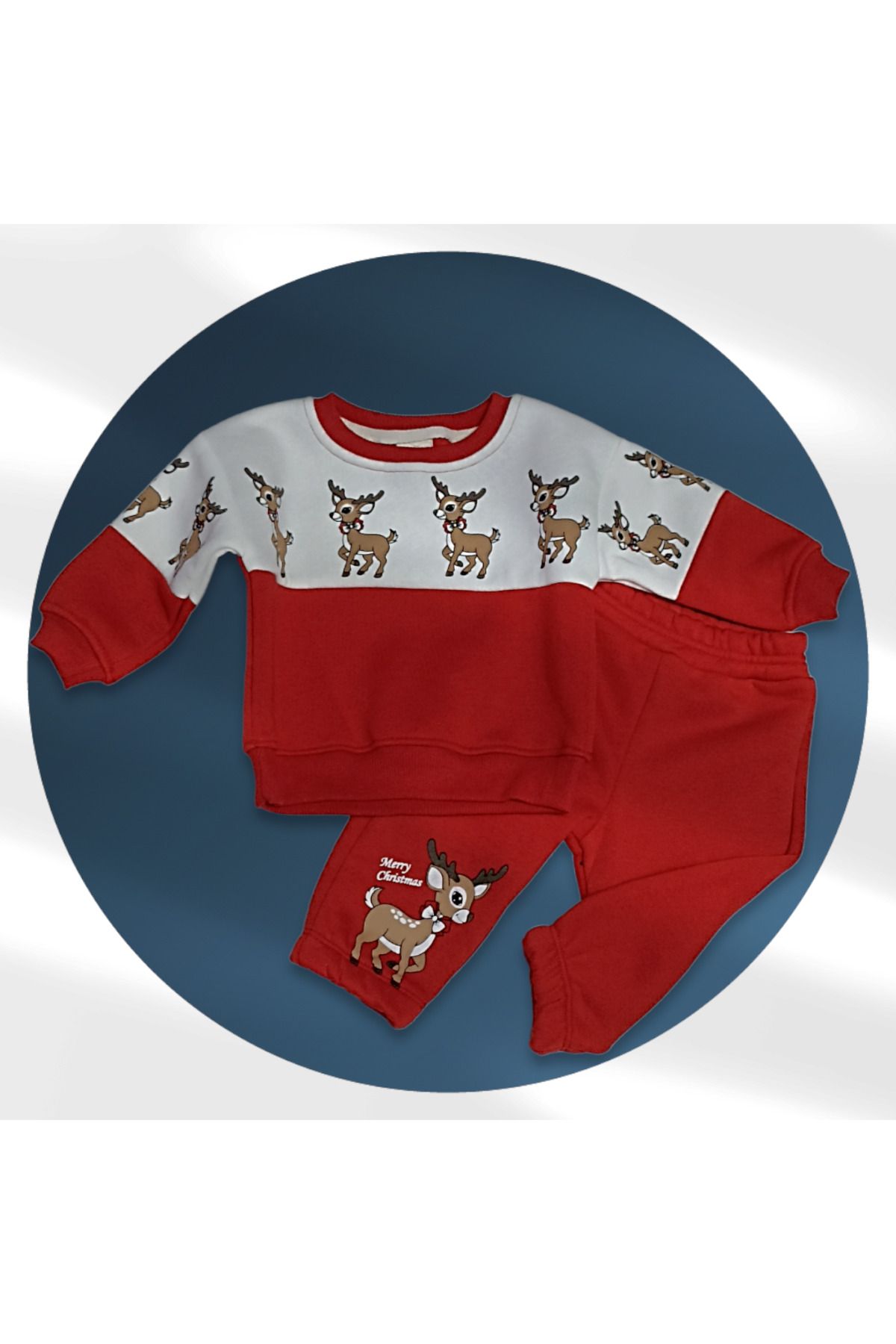 Çaren Kids -Yılbaşı (Noel) Temalı Sıralı Geyik Baskılı Bebek 2’li Takım- Sweatshirt & Eşofman Altı