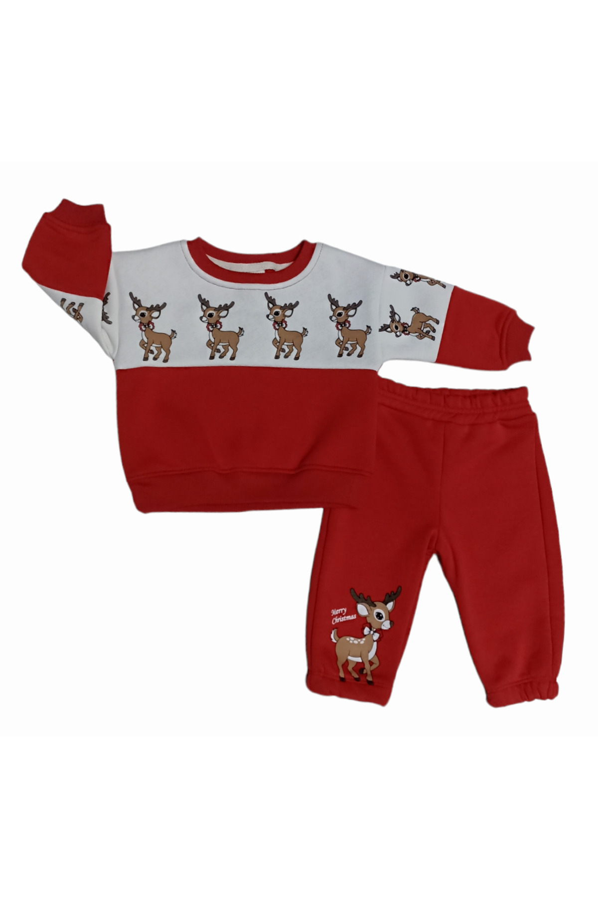 Çaren Kids -Yılbaşı (Noel) Temalı Sıralı Geyik Baskılı Bebek 2’li Takım- Sweatshirt & Eşofman Altı