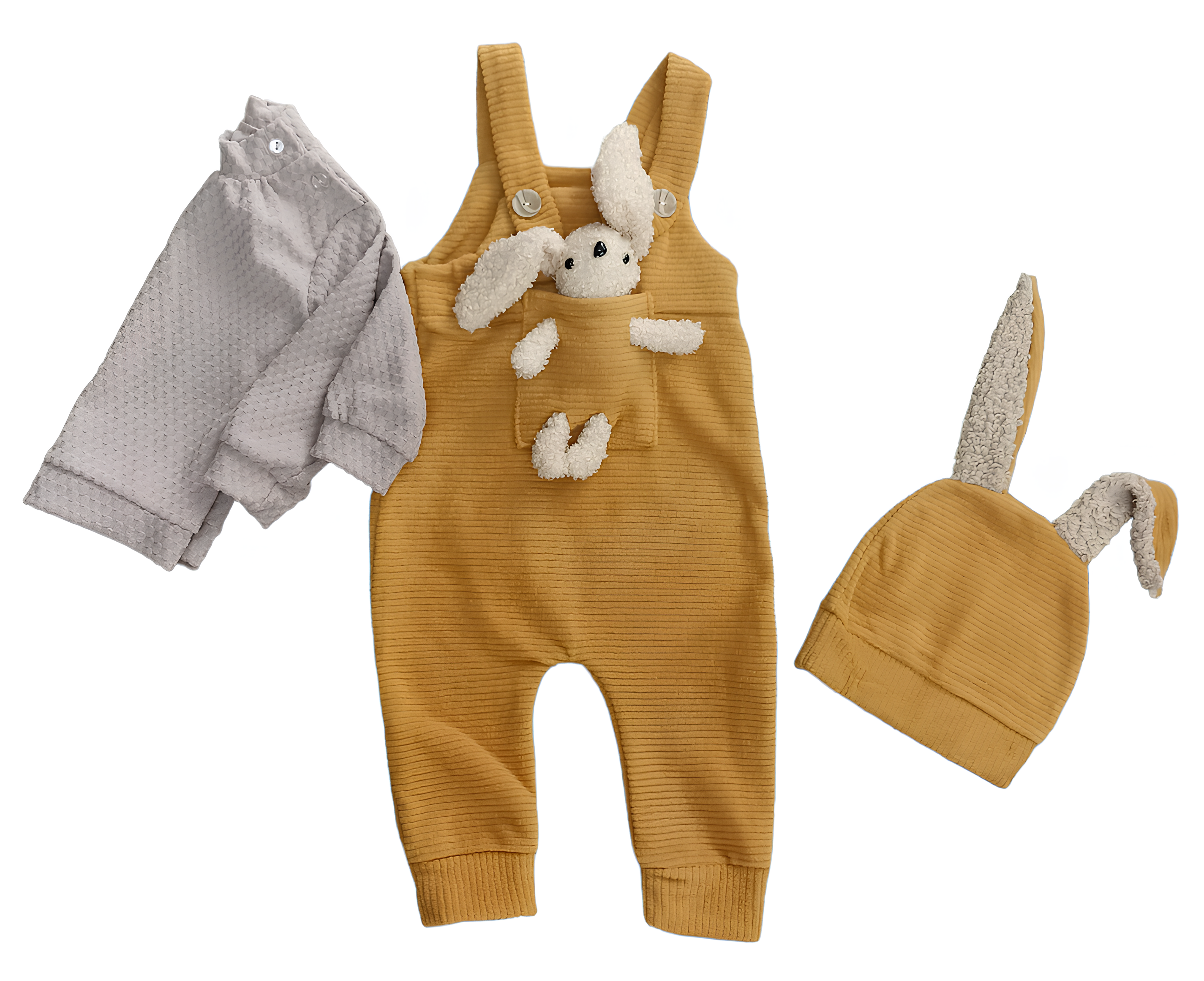 OYUNCAKLI ŞAPKALI KADİFE SALOPET BEBEK TAKIM-%100 Cotton Body, Kadife Salopet ,Kulak Detaylı Şapka