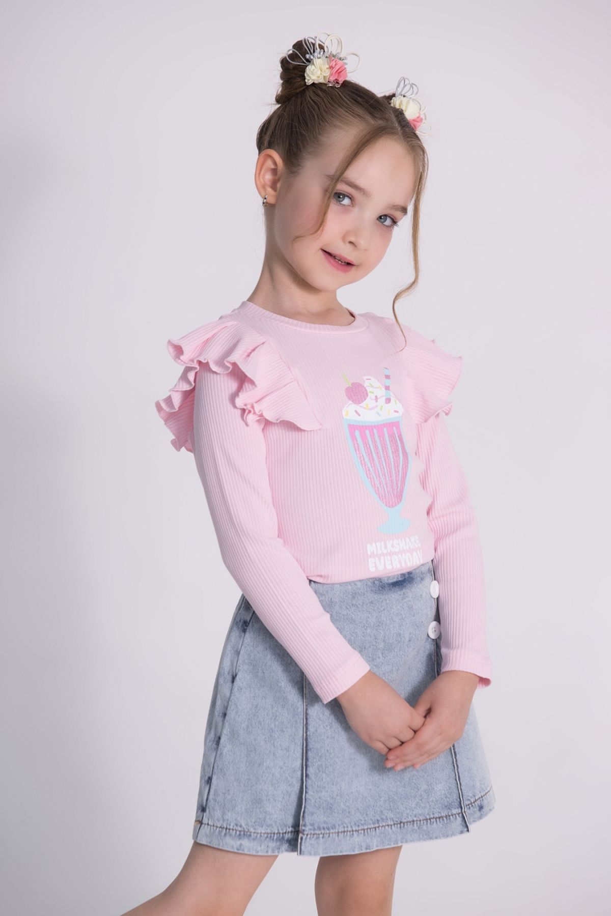 Çaren Kids- Kız Kot Şort Etekli 2’li Takım- Denim Şort Etek, Baskılı Kaşkorse Body 2’li Takım