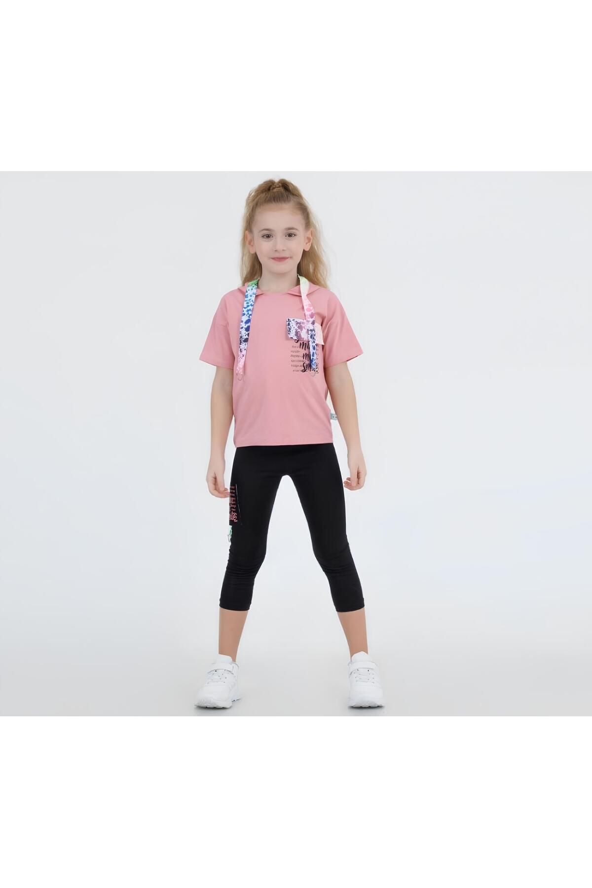 Çaren Kids - Kız Çocuk 2’li Takım- Kapüşonlu Baskı Detaylı T-shirt, Baskı Detaylı Tayt