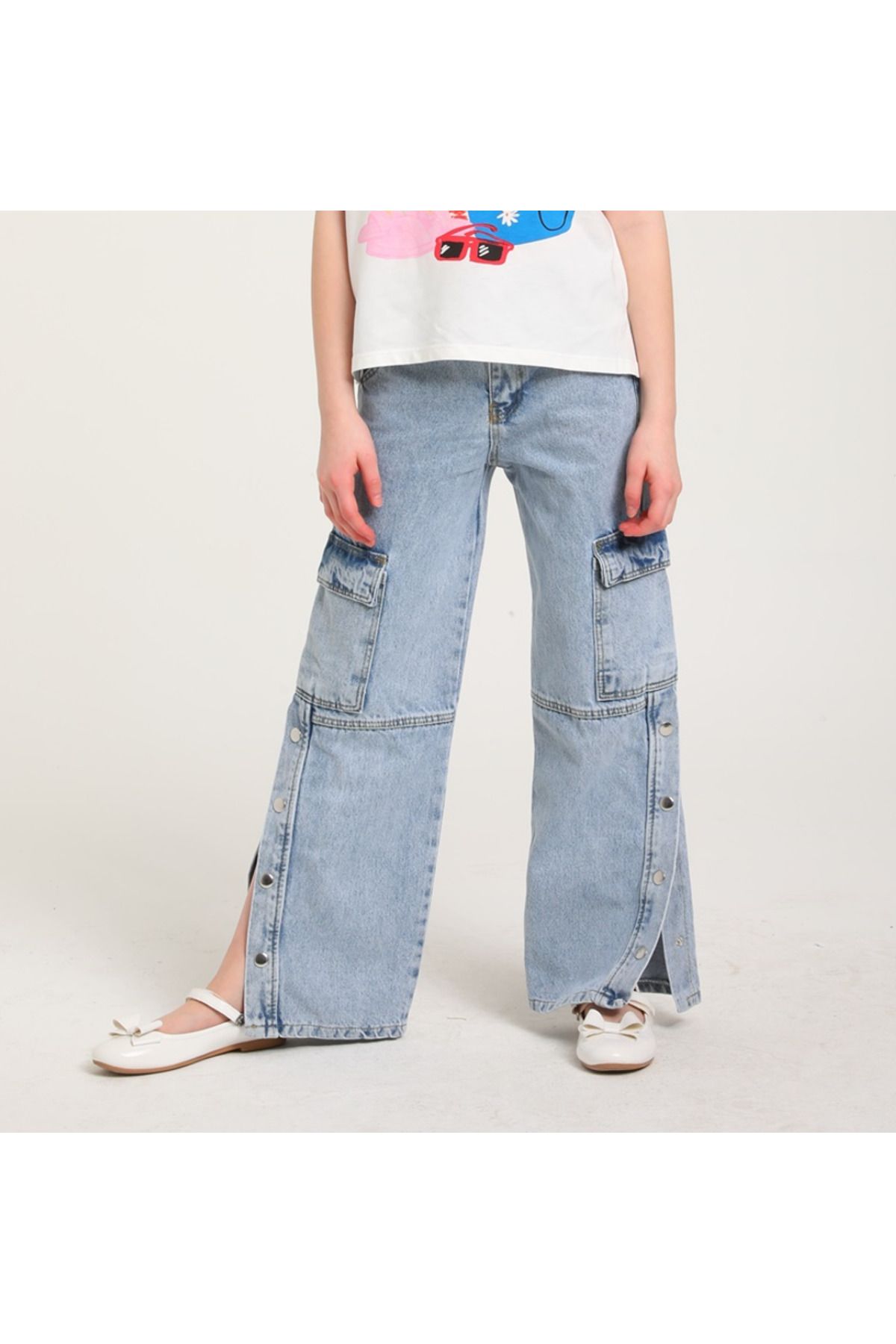 Çaren Kids- Kargo Cep Çıtçıtlı Yırtmaçlı Kız Çocuk Denim Pantolon