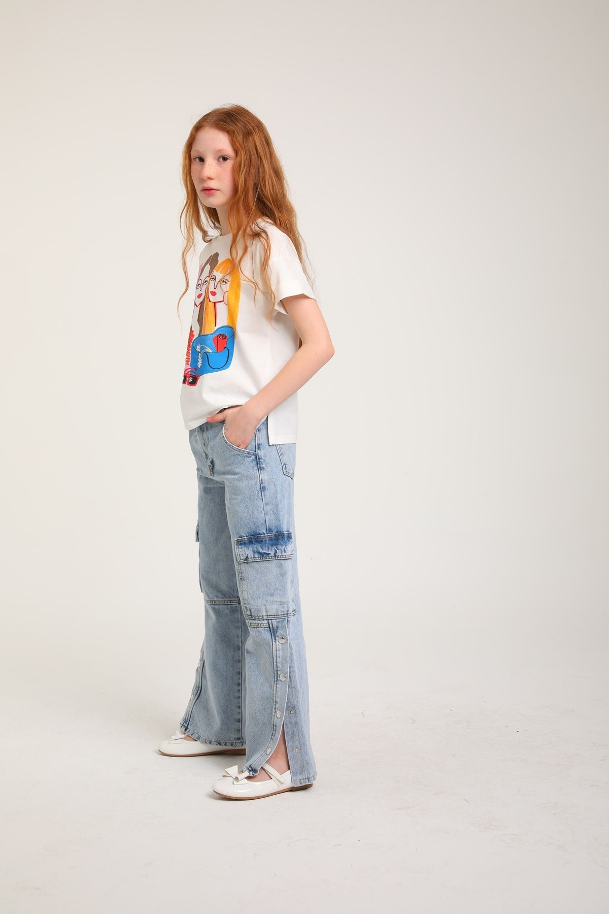 Çaren Kids- Kargo Cep Çıtçıtlı Yırtmaçlı Kız Çocuk Denim Pantolon