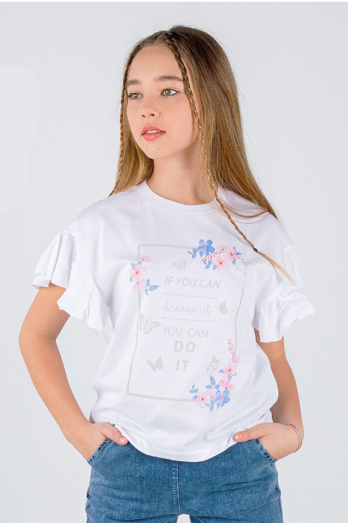 Çaren Kids - Kız Çocuk Kolları Volanlı   Cotton T-shirt