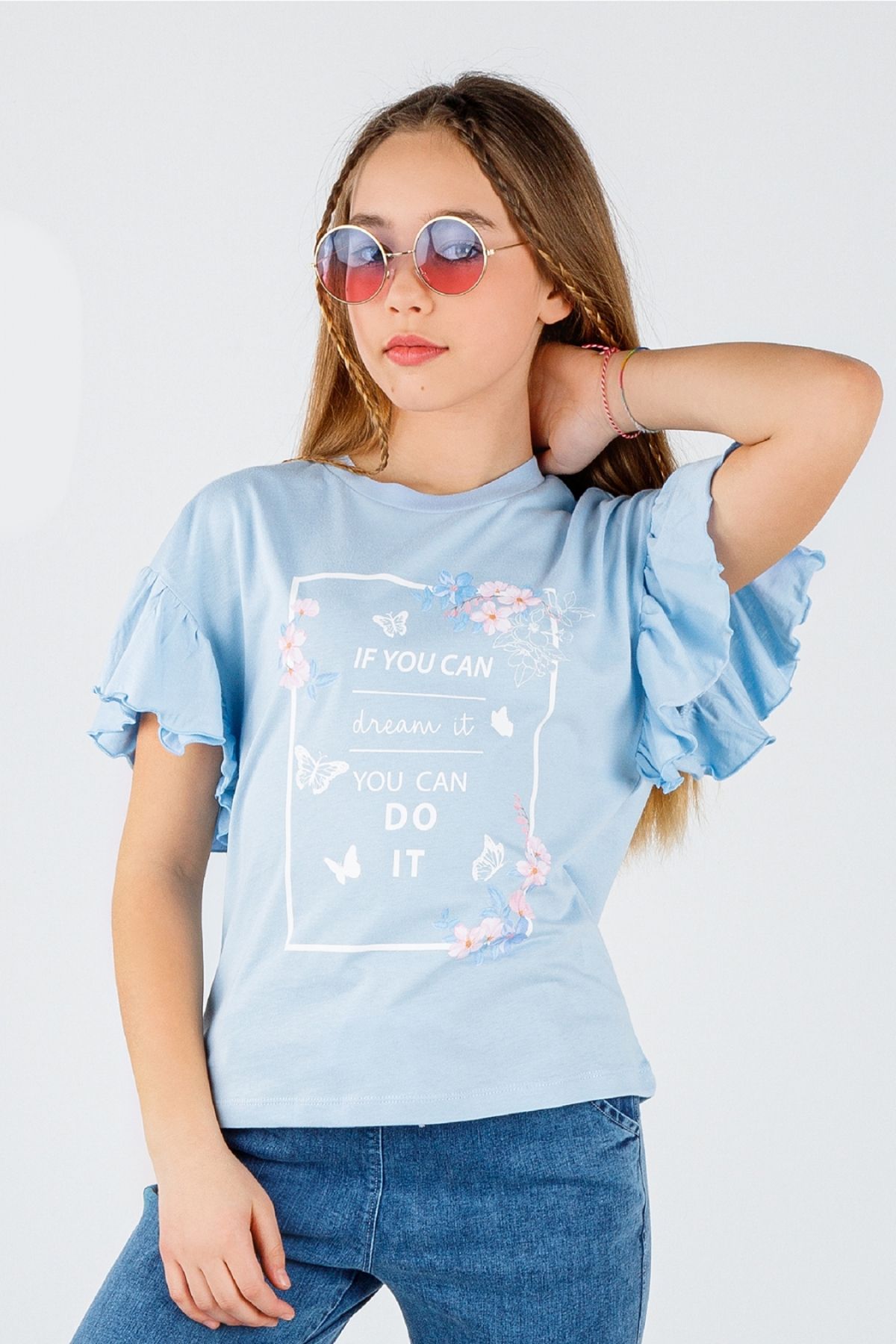 Çaren Kids - Kız Çocuk Kolları Volanlı % 100 Cotton T-shirt