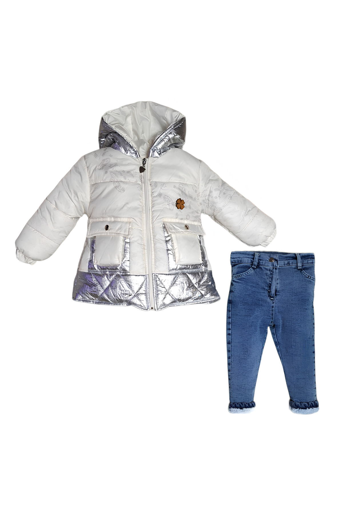 Çaren Kids-Kız Desenli Montlu 3’lü Takım- İçi kürk Astar Şişme Mont, İçi Kürk Denim Pantolon ve Body