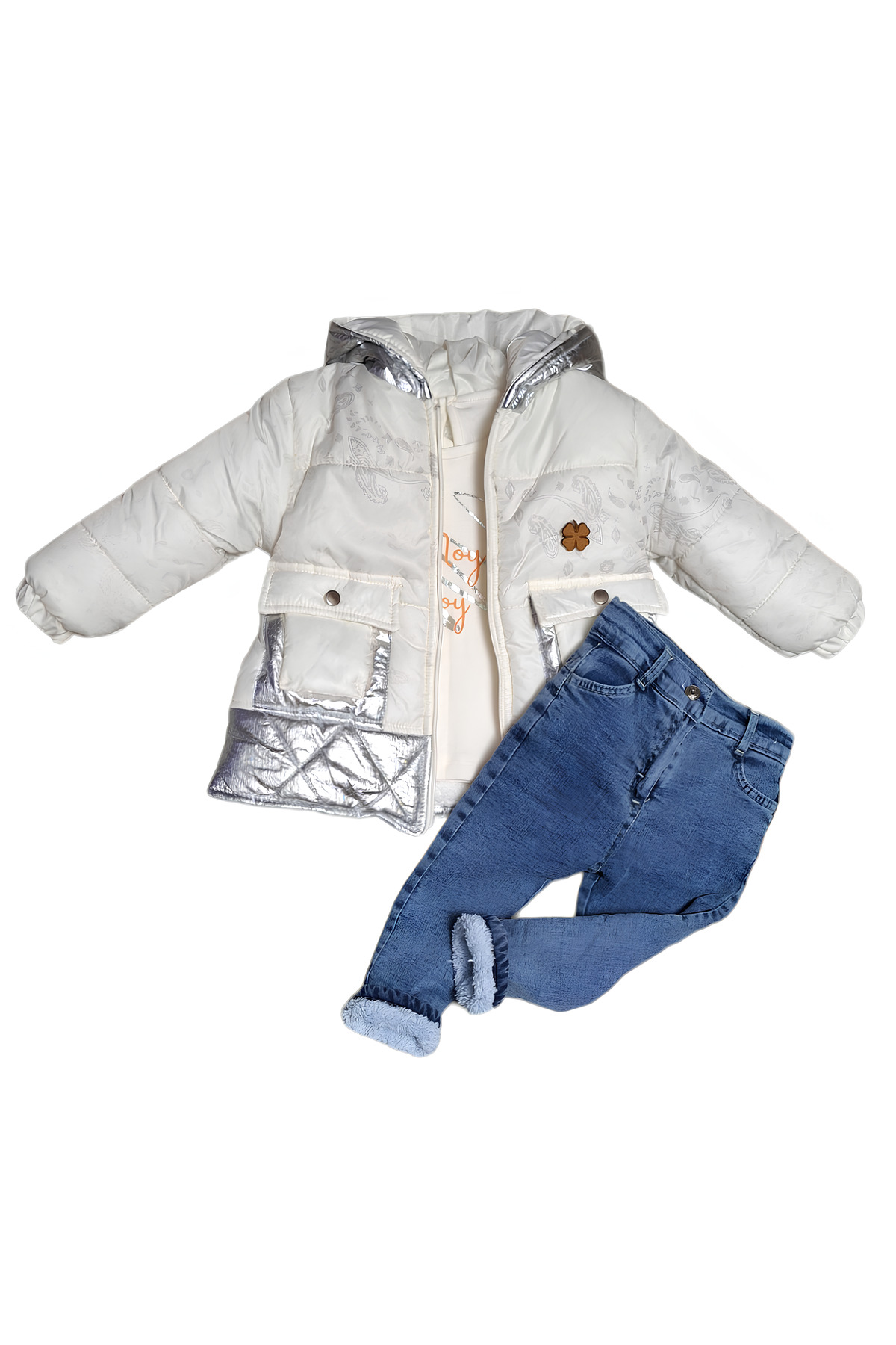 Çaren Kids-Kız Desenli Montlu 3’lü Takım- İçi kürk Astar Şişme Mont, İçi Kürk Denim Pantolon ve Body