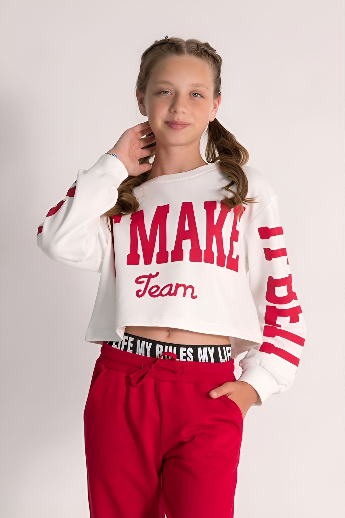 Çaren Kids- Kız Crop 3’lü Takım- Askılı Crop Body - Crop Sweatshirt & Boxer Detay Eşofman Altı