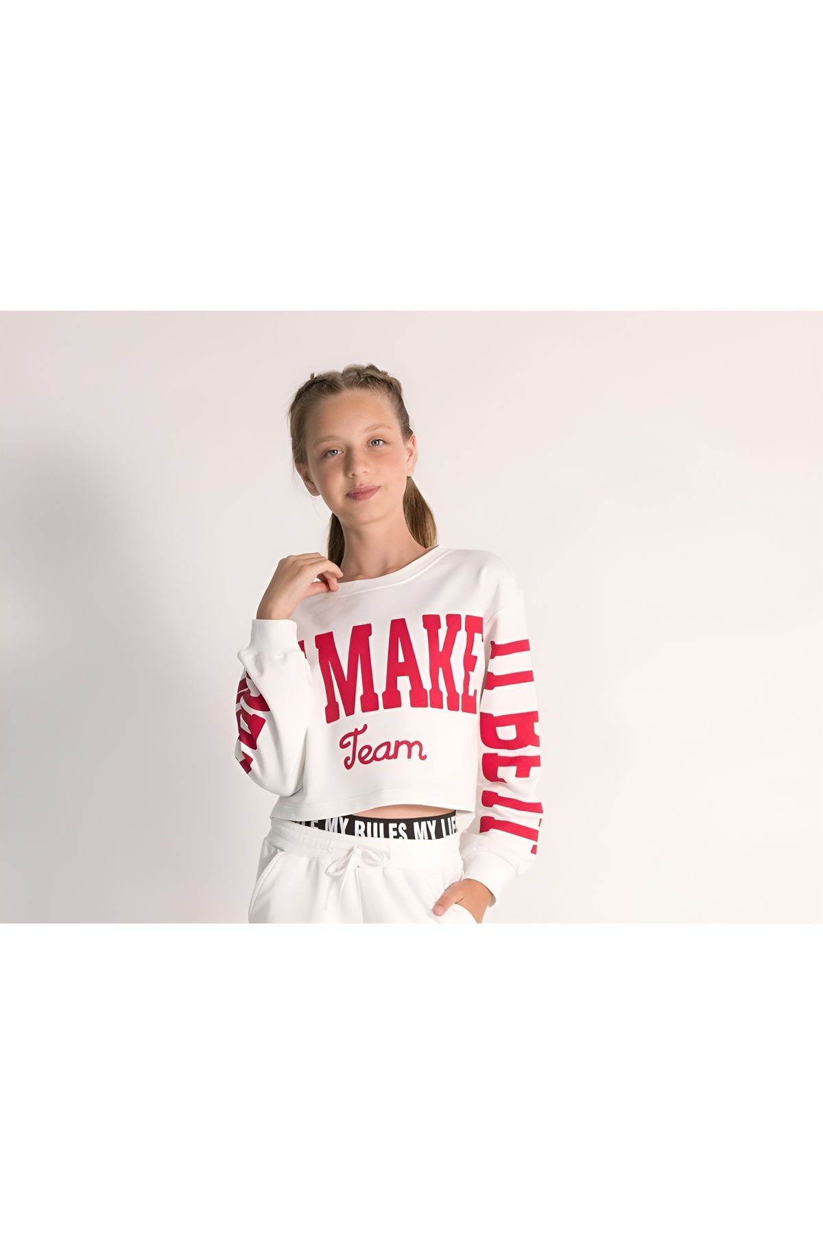 Kız Crop 3’lü Takım- Askılı Crop Body - Crop Sweatshirt & Boxer Detay Eşofman Altı