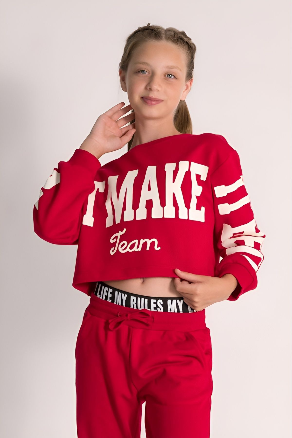 Kız Crop 3’lü Takım- Askılı Crop Body - Crop Sweatshirt & Boxer Detay Eşofman Altı