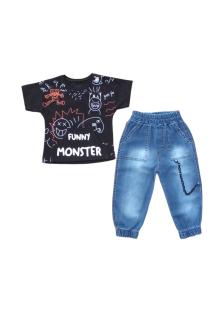 Çaren Kids Monster Erkek Çocuk 2'li Takım- Baskılı, Kanguru Cep T-shirt, Zincir Detaylı Pantolon