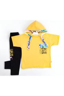 Çaren Kids - Kız Çocuk 2’li Takım- Kapüşonlu Baskı Detaylı T-shirt, Baskı Detaylı Tayt